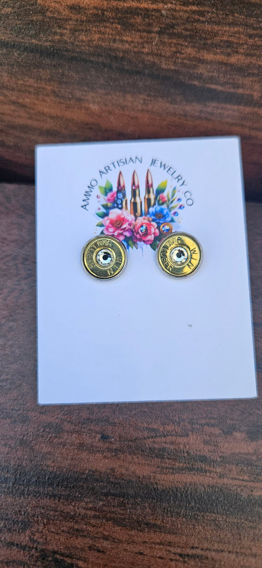 Ammo bullet stud Crystal brass  earrings, studs, casing jewelry, handmade, Swarovski ,gun metal, bullet shell,