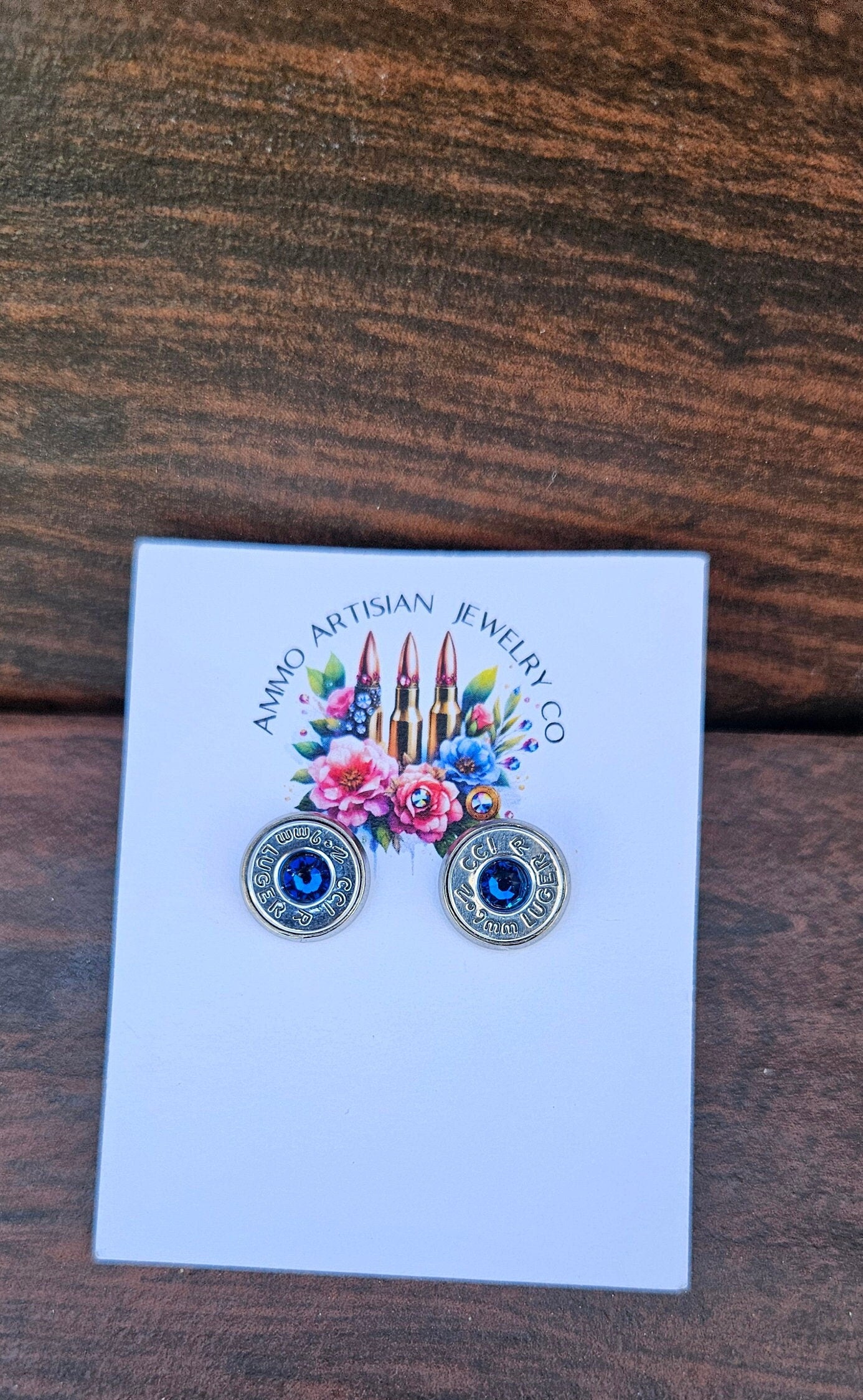 Ammo bullet stud earrings-gifts for her-capri blue,-ammo jewelry- handmade, Swarovski crystal, anniversary gift,second amendment 9mm