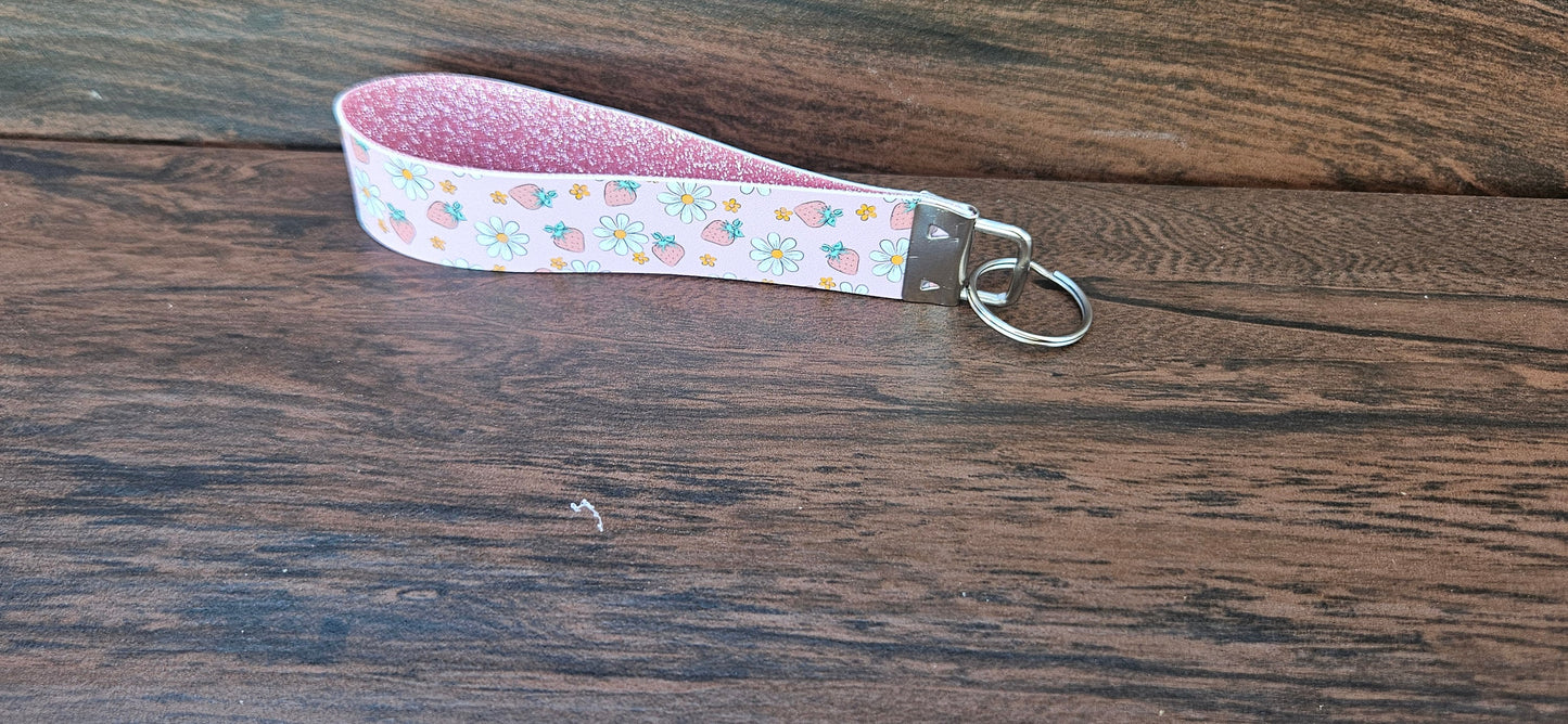 Strawberry wristlet, pastrl pink, key fob silver mbellishments, made to order, gift for her, valentines day