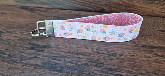 Strawberry wristlet, pastrl pink, key fob silver mbellishments, made to order, gift for her, valentines day