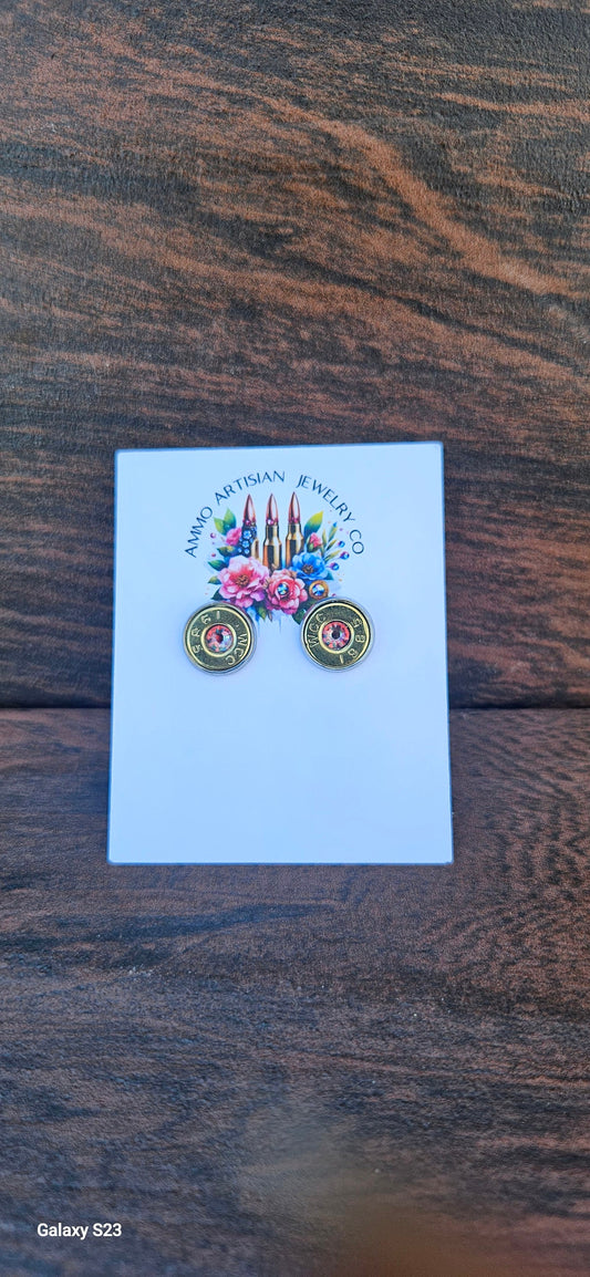 Pink earrings -9mm brass bullet-ammo jewelry -pink, peach-second amendment, handmade -Swarovski crystals-stainless steel- casting jewelry