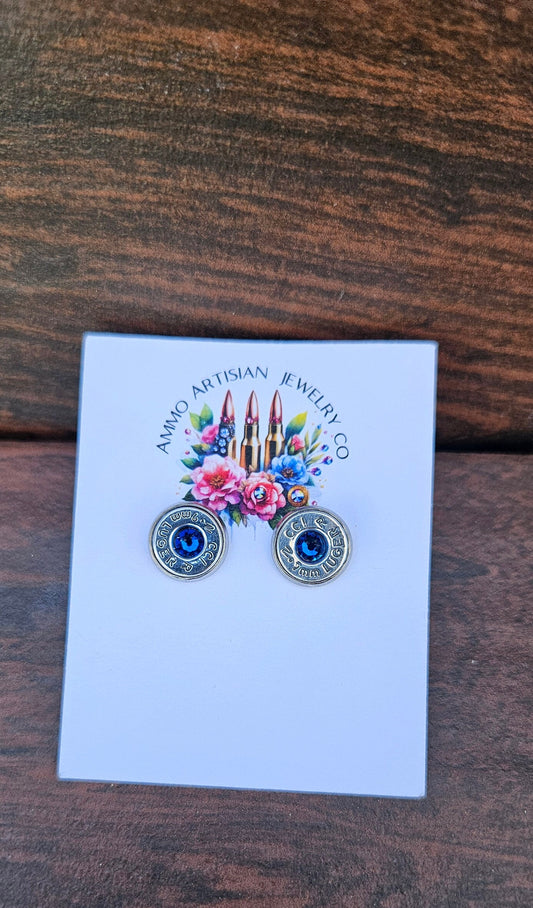 Ammo bullet stud earrings-gifts for her-capri blue,-ammo jewelry- handmade, Swarovski crystal, anniversary gift,second amendment 9mm