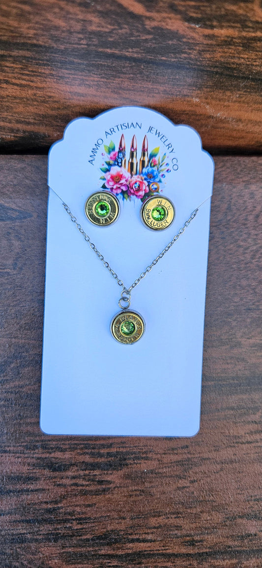 Ammo bullet stud Lime green  bullet necklace and earrings set gifts for her, ammo jewelry -Swarovski, crystal- bras
